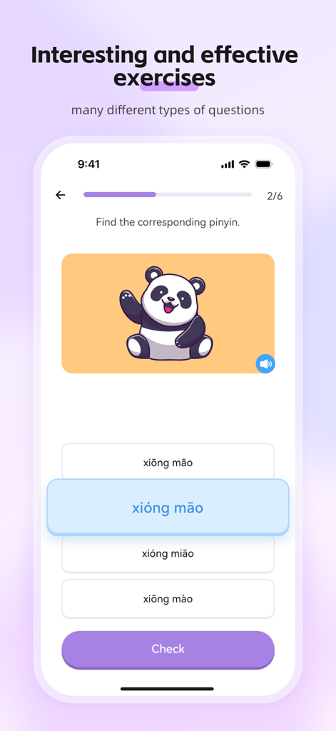 Tadalingo app interface featuring an interactive Mandarin pinyin quiz with a cartoon panda.