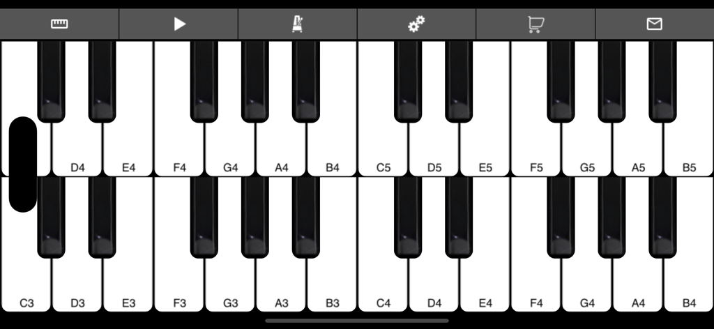 Piano - 2 Keyboard Tiles Play - Oberfläche einer digitalen Klavier-App, die zwei Reihen von Keyboards mit beschrifteten Noten und einem Navigationsmenü zeigt.