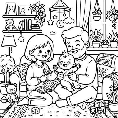 Celebrate the joy of family with this heartwarming Kawaii coloring page featuring a baby and its loving parents. Dive into an adorable scene filled with sweet moments and charming details.