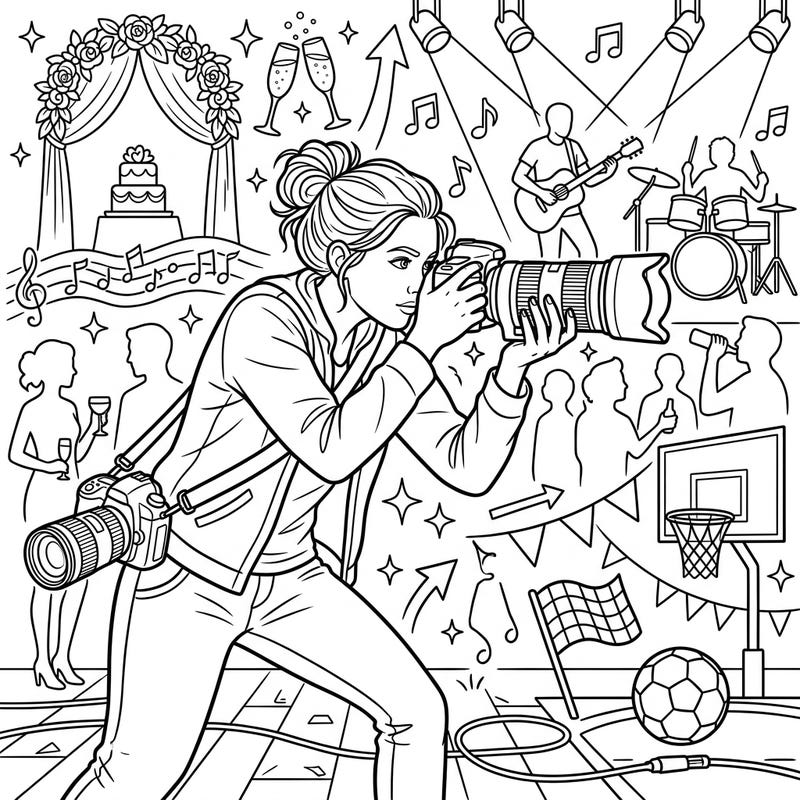 Immerse yourself in the bustling world of event photography with this detailed coloring page. Follow a skilled photographer as they capture unforgettable moments across diverse and exciting celebrations.
