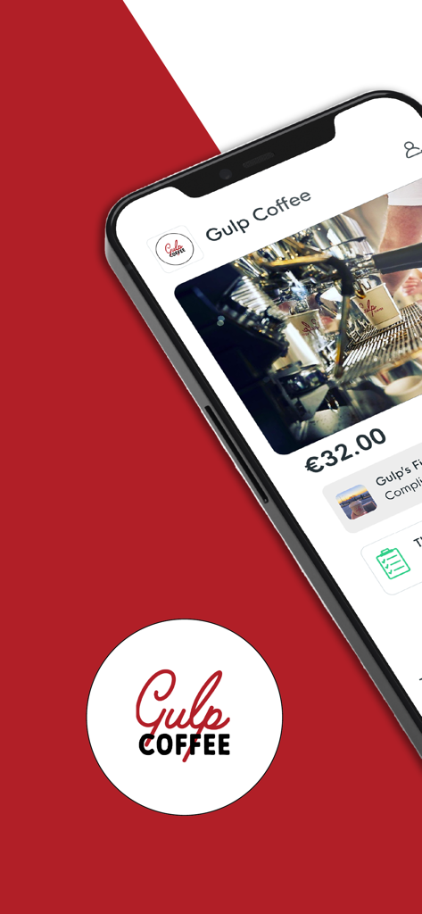 Gulp Coffee mobile app interface displaying account balance and rewards on a smartphone