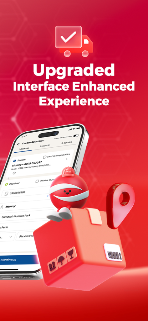Metfone Express - Metfone Express shipping app interface showing a smartphone and a 3D character on a delivery box.