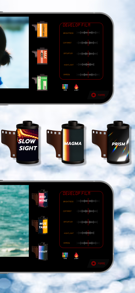 LUZMOアプリのスクリーンショット。フィルム現像インターフェースと、Slow Sight、Magma、Prismなどのさまざまなヴィンテージフィルムロールオプションが表示されています。