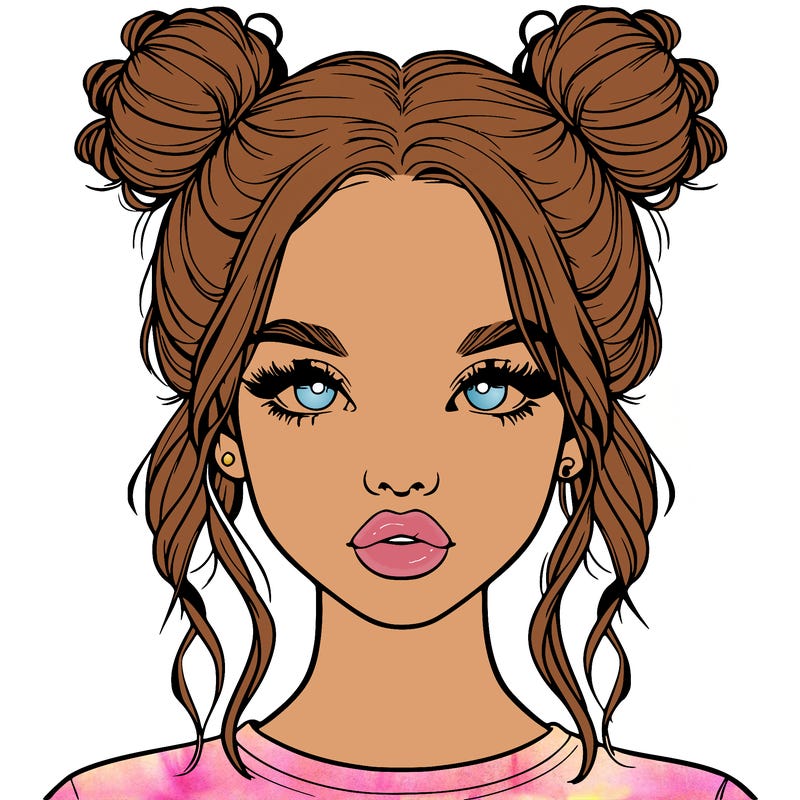 realistic girl with two buns in hair and lips