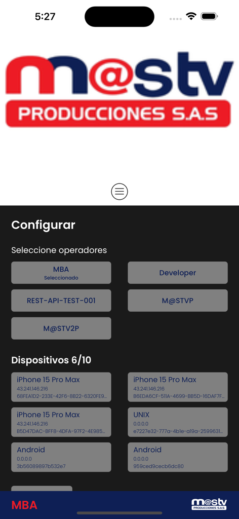 M@s TV - Interfaz de la aplicación Mas TV para seleccionar operadores de servicios y administrar dispositivos conectados