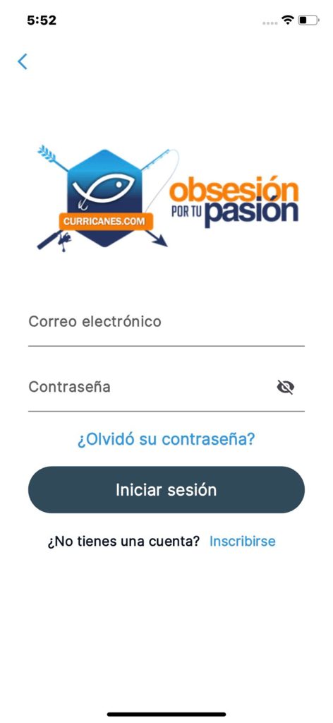 Curricanes.com - Login screen for the Curricanes outdoor gear mobile app featuring email and password entry fields.
