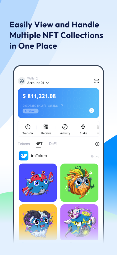 imToken: BTC & ETH Wallet - Interfaz de la aplicación imToken mostrando una colección de NFTs multichain y el saldo de la cuenta en la red Arbitrum