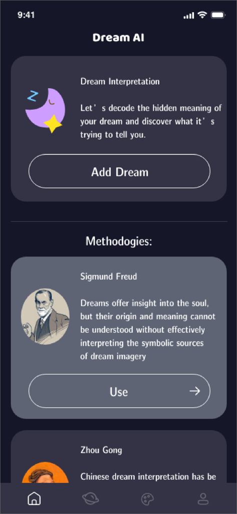 Dream AI - Dream Methodologies - Dream AI mobile app screen showing options to add a dream and select interpretation methodologies including Sigmund Freud.