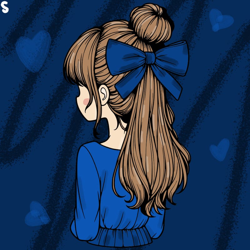 realistic girl  with hip length hair a bun and a big bow on the back of head