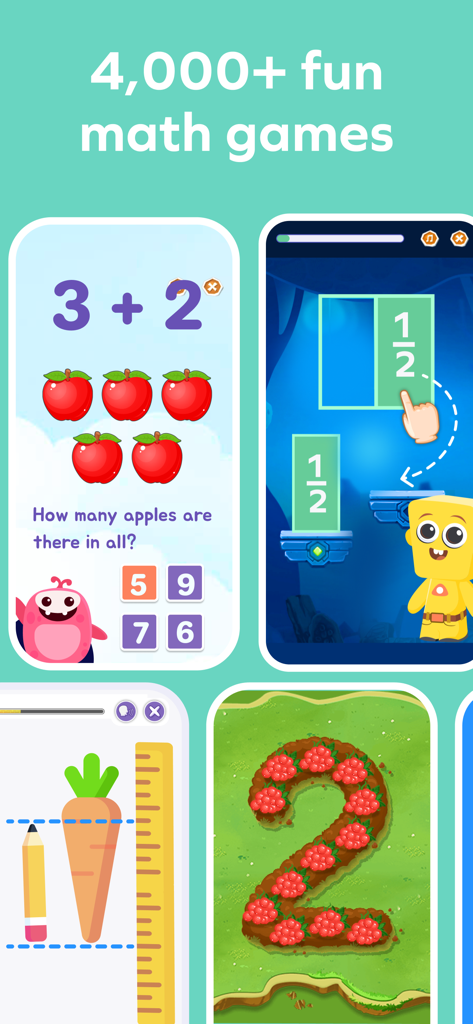 Collage of Splash Math app screenshots showing addition fractions measurement and number tracing games for kids