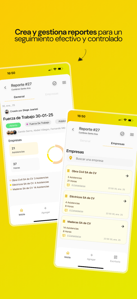 Buildpeer - Interfaz de la aplicación de construcción Buildpeer que muestra informes diarios del proyecto y detalles de seguimiento de la fuerza laboral.
