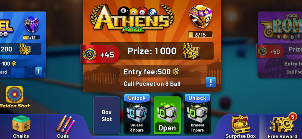 Main menu screen of 8 Pool Clash showing the Athens Pool level with entry fees and collectible treasure boxes.