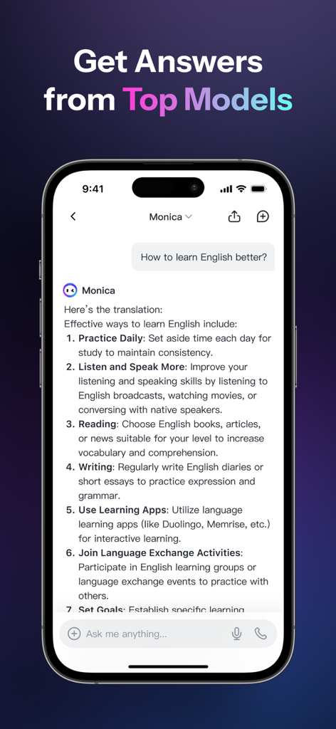 Monica AI: Ultimate AI Assist - Écran de chat de l'application assistant Monica AI montrant des réponses pour apprendre l'anglais