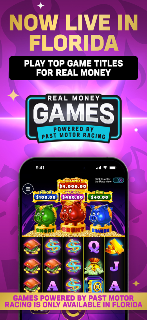 Hard Rock Bet mobile app promotional screen featuring real money slot games live in Florida.