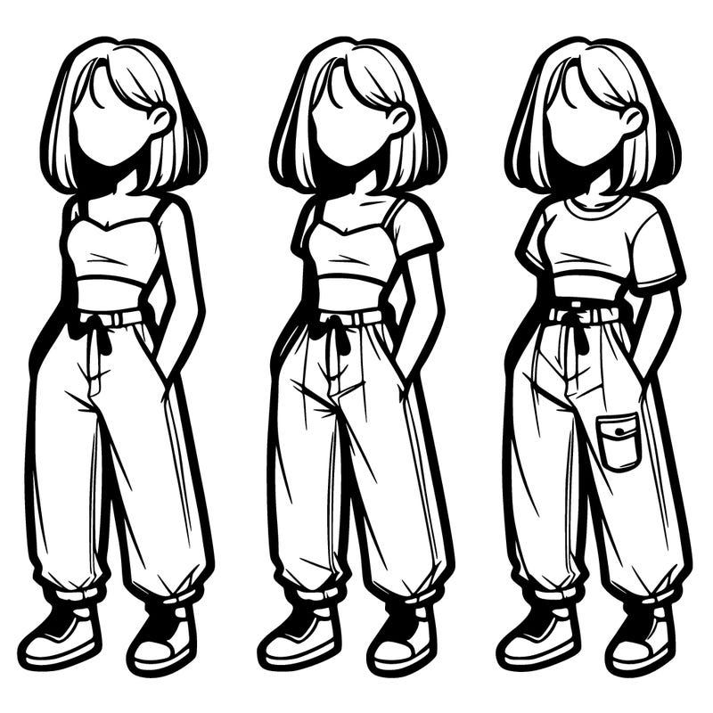 girl with no face wearing a crop top & baggy pants realistic