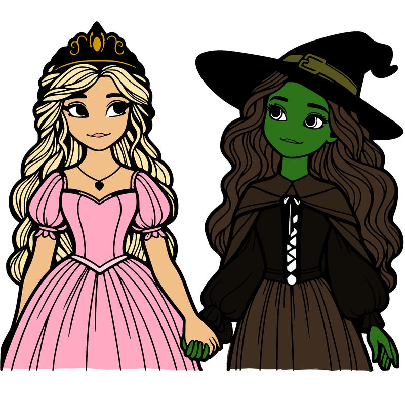 a princess and a witch holding hands realistic