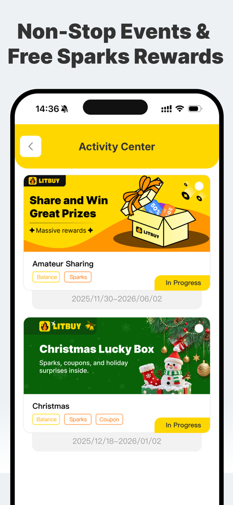 LitBuy mobile app Activity Center showing shopping events and rewards like Sparks and coupons
