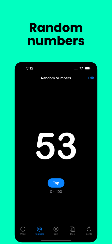 Random GameBox, Spin the wheel - Pantalla de aplicación móvil que muestra una función de generador de números aleatorios con el número 53 seleccionado.