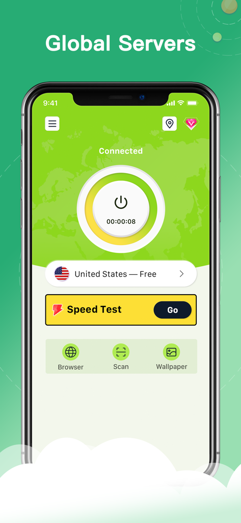 JoyBooster Golden - VPN Proxy - Interfaz de la app VPN JoyBooster Golden mostrando estado de conexión a un servidor gratuito de EE. UU. en pantalla de iPhone con botón de prueba de velocidad.