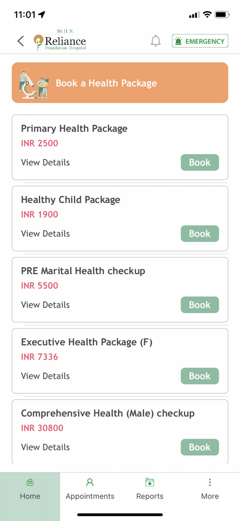 Reliance Foundation Hospital - Reliance Foundation Hospital app screen showing a list of medical health packages and booking buttons