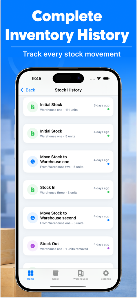 Inventory Tracker - Stock - A mobile app interface displaying a chronological log of inventory movements and warehouse transfers