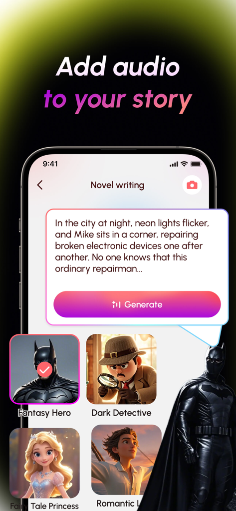 A mobile app interface showing a text story with an option to generate audio using character voices like Fantasy Hero and Dark Detective.