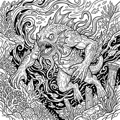 Prepare for a thrilling coloring experience with this intricate Eldritch Deep One design, perfect for teens who love mythical creatures and horror. Explore the dark depths of the Cthulhu Mythos and bring this ancient horror to life with your unique palette.