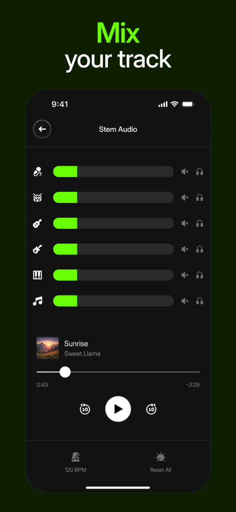 AI Backing Track Generator - A mobile app interface for mixing stem audio tracks with individual volume sliders for various instruments like drums, guitar, and bass.