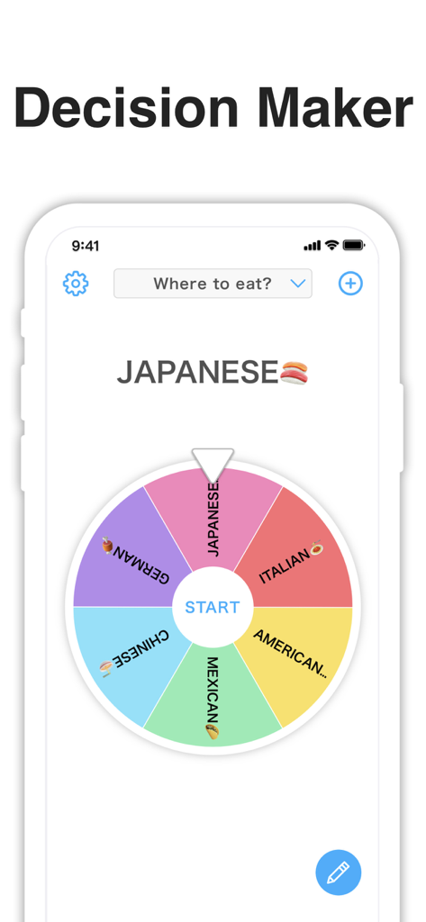Interface of Random Picker Spin Wheel Plus app showing a colorful food decision roulette