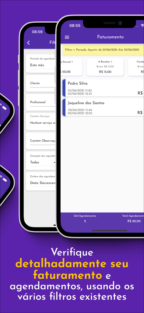 Tua Agenda: Para Profissionais - Tua Agenda app screenshot showing detailed billing reports and advanced search filters