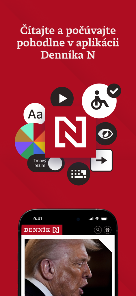 Denník N - Promotionsbildschirm der Dennik N Mobil-App mit Nachrichtenfunktionen und mobiler Benutzeroberfläche auf rotem Hintergrund
