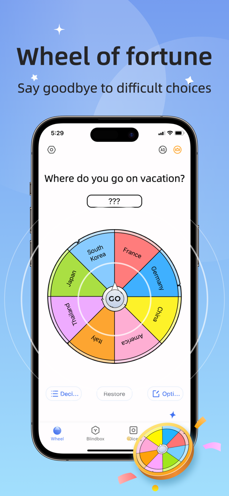 A colorful decision wheel in the Tiny Decisions app helping a user choose a vacation destination