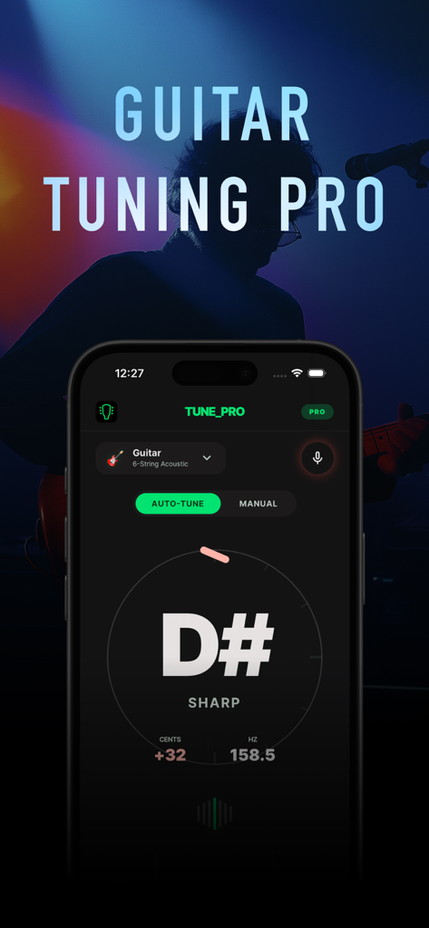 Guitar Tuner – Precision - La aplicación Afinador de Guitarra Precisión muestra una nota de Re sostenido (D sharp) en una interfaz de afinador digital profesional.