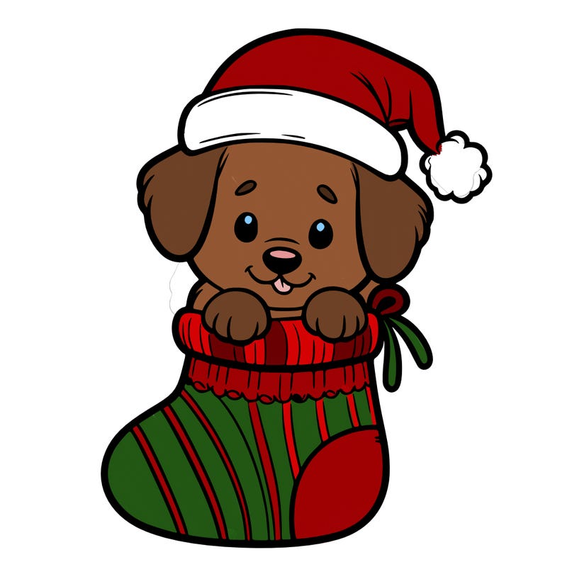 cute puppy wearing santa hat in socking