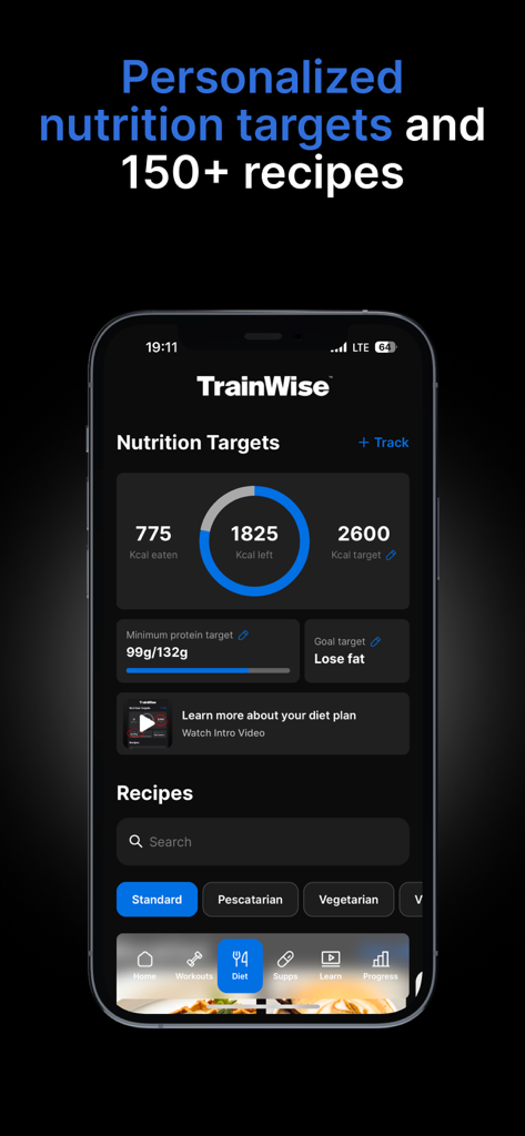 TrainWise app interface showing personalized calorie and protein targets along with a searchable library of over 150 recipes.