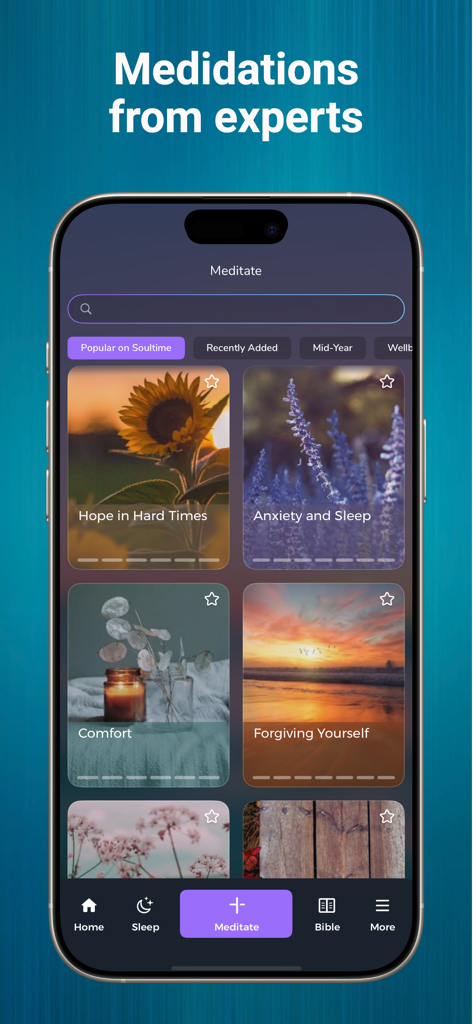 Soultime Christian Meditation - Soultime Christian Meditation app screen showing expert meditation topics like hope, anxiety, and comfort