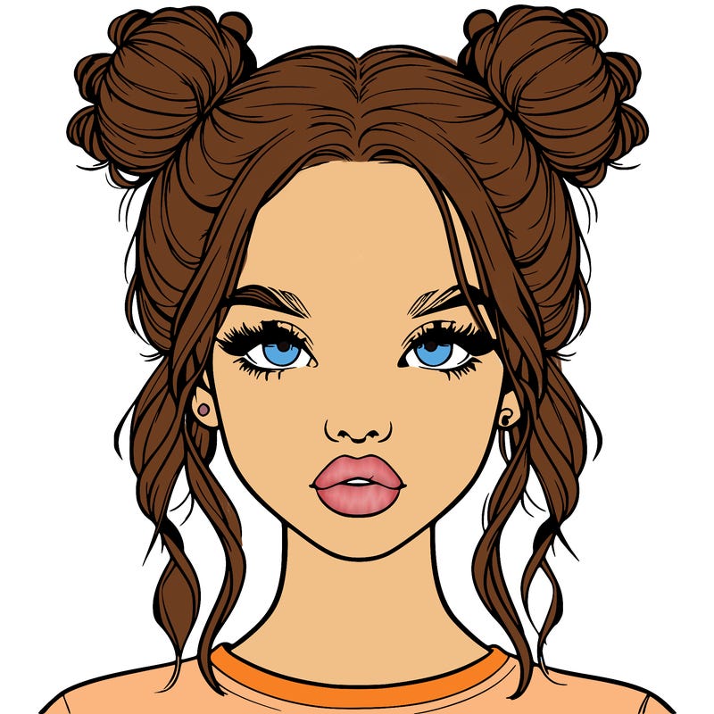 realistic girl with two buns in hair and lips