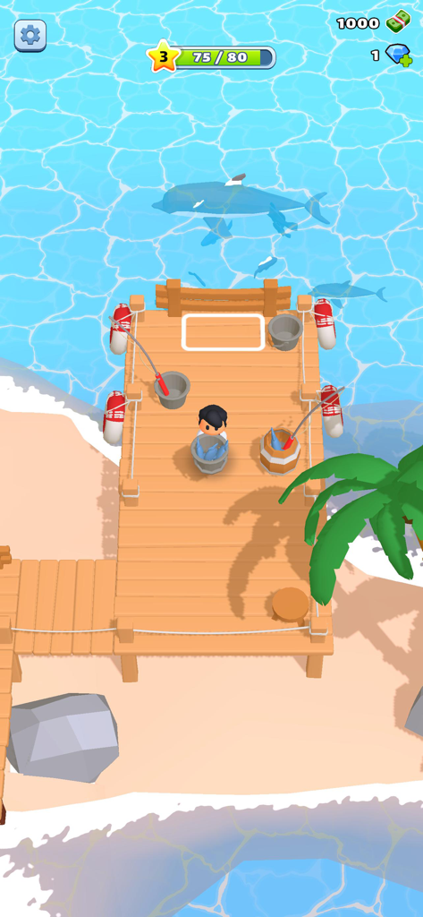 My Beach Resort! - Personaje pescando en un muelle de madera con delfines nadando en el agua