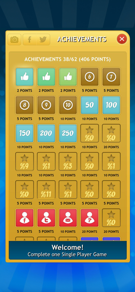 Wordz Plus app achievements menu showing unlocked badges and points progress