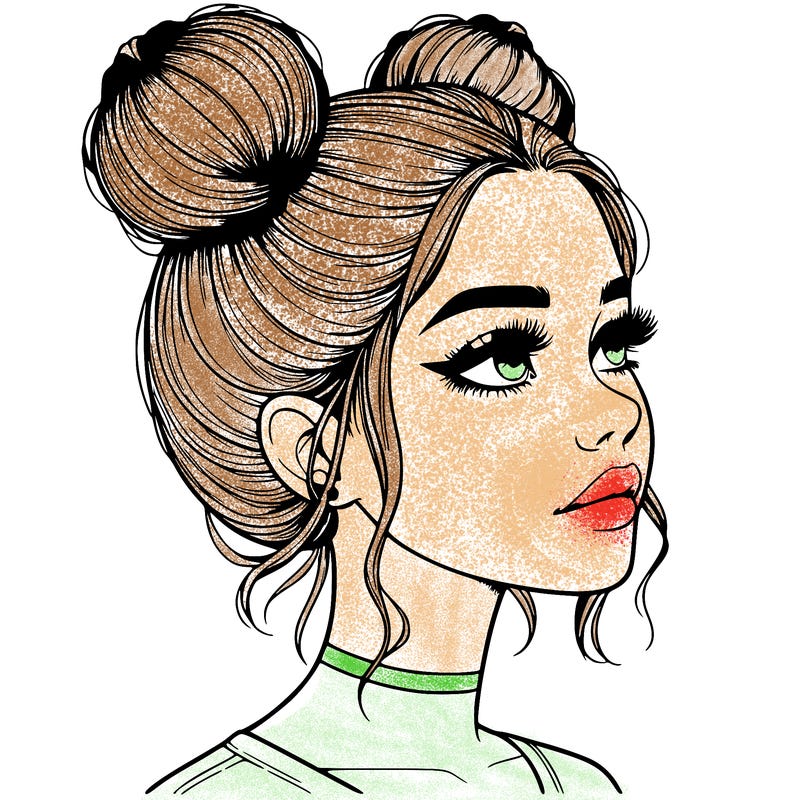realistic girl with buns on the top of her head