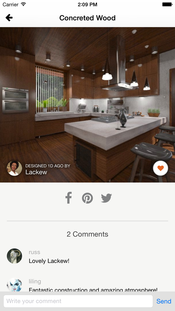 Interfaz de la aplicación Roomstyler que muestra un diseño de cocina moderno con comentarios de la comunidad