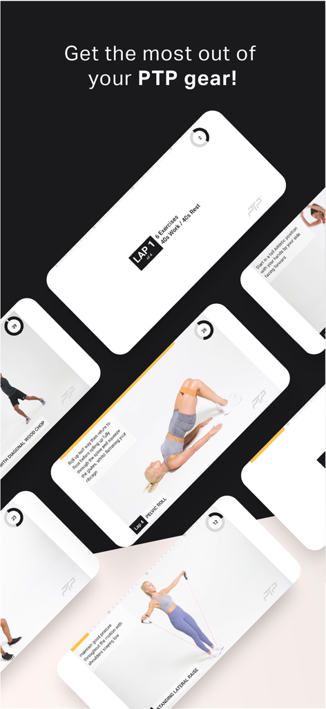 PTP - Interface of the PTP fitness app displaying exercise video cards for resistance band training and functional movement.
