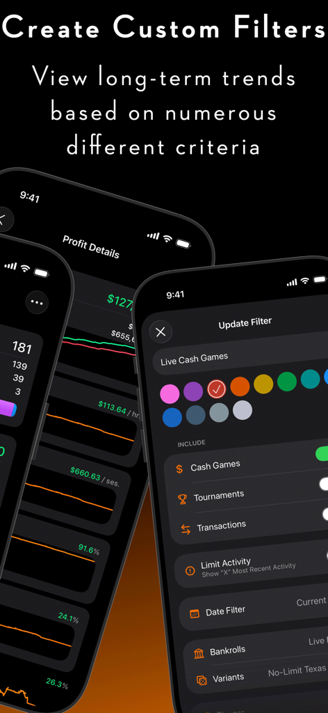 Nash Bankroll - Nash Bankrollアプリの画面。ポーカーセッション追跡と利益分析のためのカスタムフィルターが表示されています