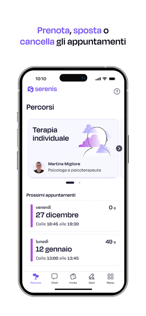 Pantalla de smartphone mostrando la interfaz de la app Serenis para gestionar y reservar sesiones de terapia en línea.