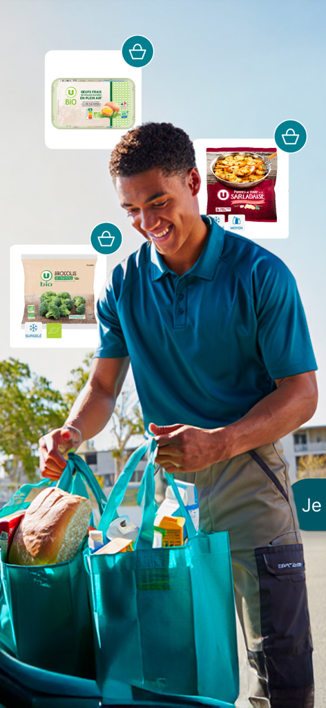 Courses U : Magasin en ligne - A smiling man carrying reusable shopping bags with floating product icons of eggs broccoli and potatoes from the Courses U app