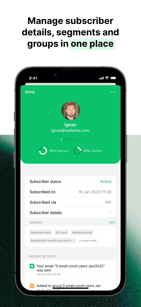 MailerLite Manager - MailerLite Manager mobile screen showing subscriber engagement statistics and profile details.