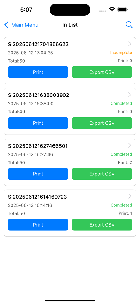 Interfaz que muestra una lista de lotes de paquetes escaneados con indicadores de estado y botones de exportación CSV.