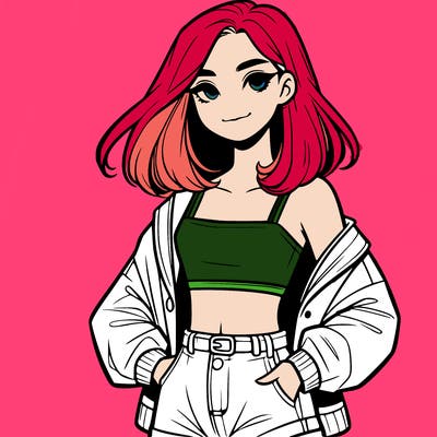 a realistic girl with a crop top and short shorts in an open jacket