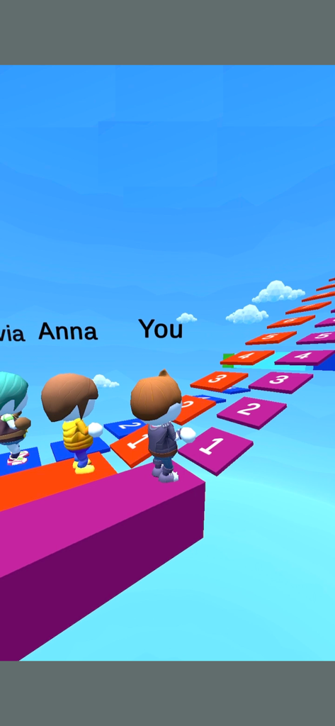 Math Hit - Brain Puzzle Games - Characters racing on a staircase made of numbered blocks in the Math Hit brain puzzle game.