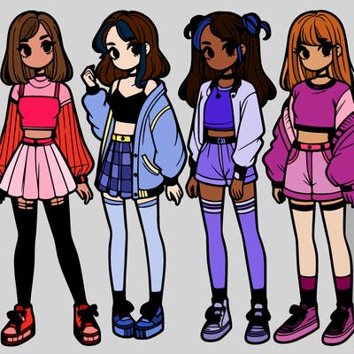 one girl with crop-top shirt and a jacket with a skirt, long socks and another girl with a shirt and pants with a jacket